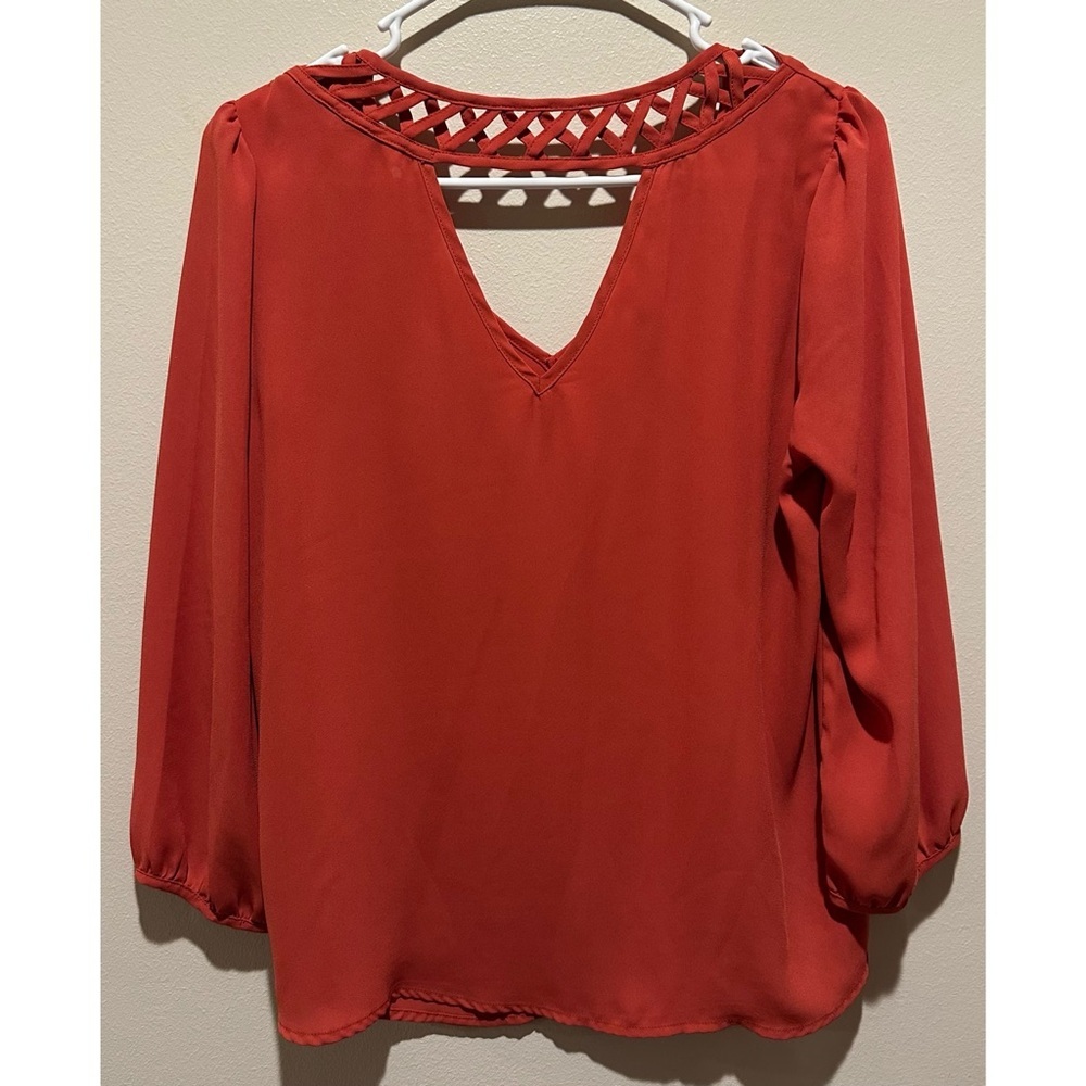 Skies Are Blue Burnt Orange Lattice Neck V-Back Blouse Top 34001 Small